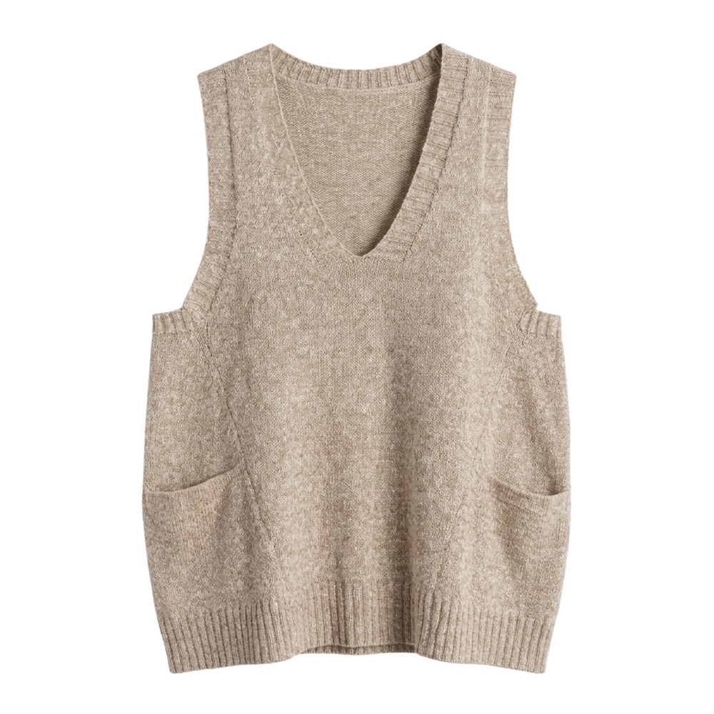 Tan Heathered Knit Sweater Vest with Pockets - V-Neck Boho - Picture 1 of 6